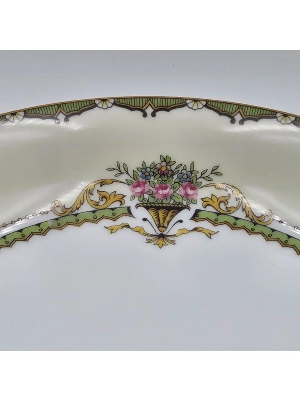 Noritake Penelope Set of 4 Coupe Soup Bowl Green Border Pink Roses Urn Gold Trim
